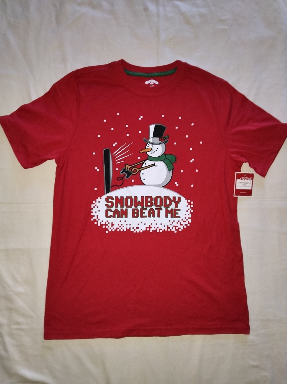 Holiday Time Red Snowman Graphic Tee with Green Scarf